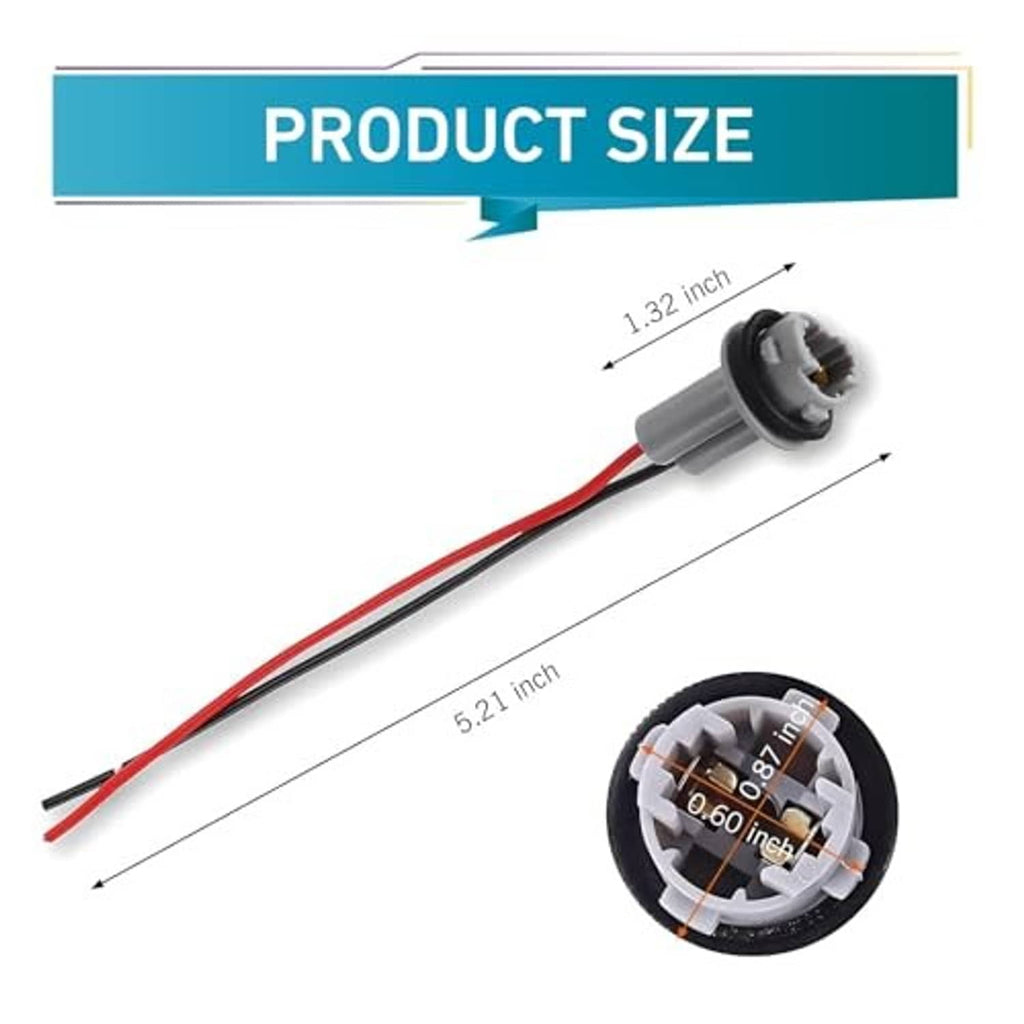 Car bulb harness pigtail with gray socket and red/black wires, size detail