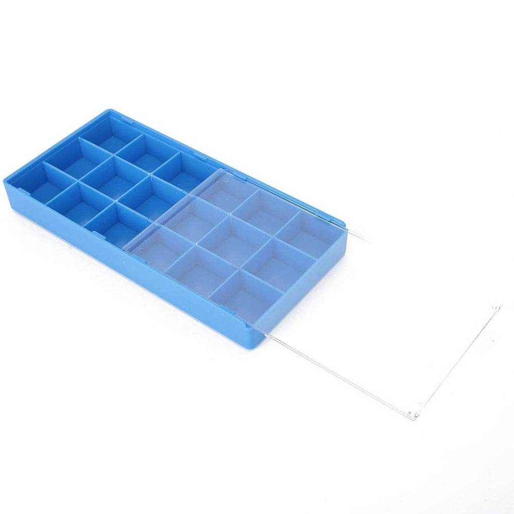 Blue plastic tray organizer with multiple divided sections for small watch parts