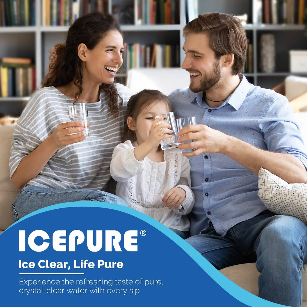 ICEPURE water filter for clear drinking water, shown with family glasses