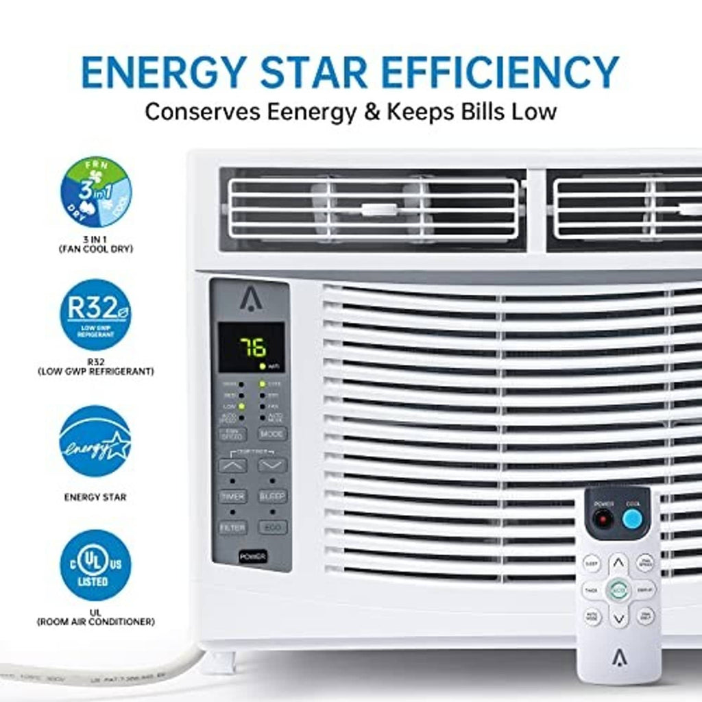 White window air conditioner front with LED temperature display and buttons.
