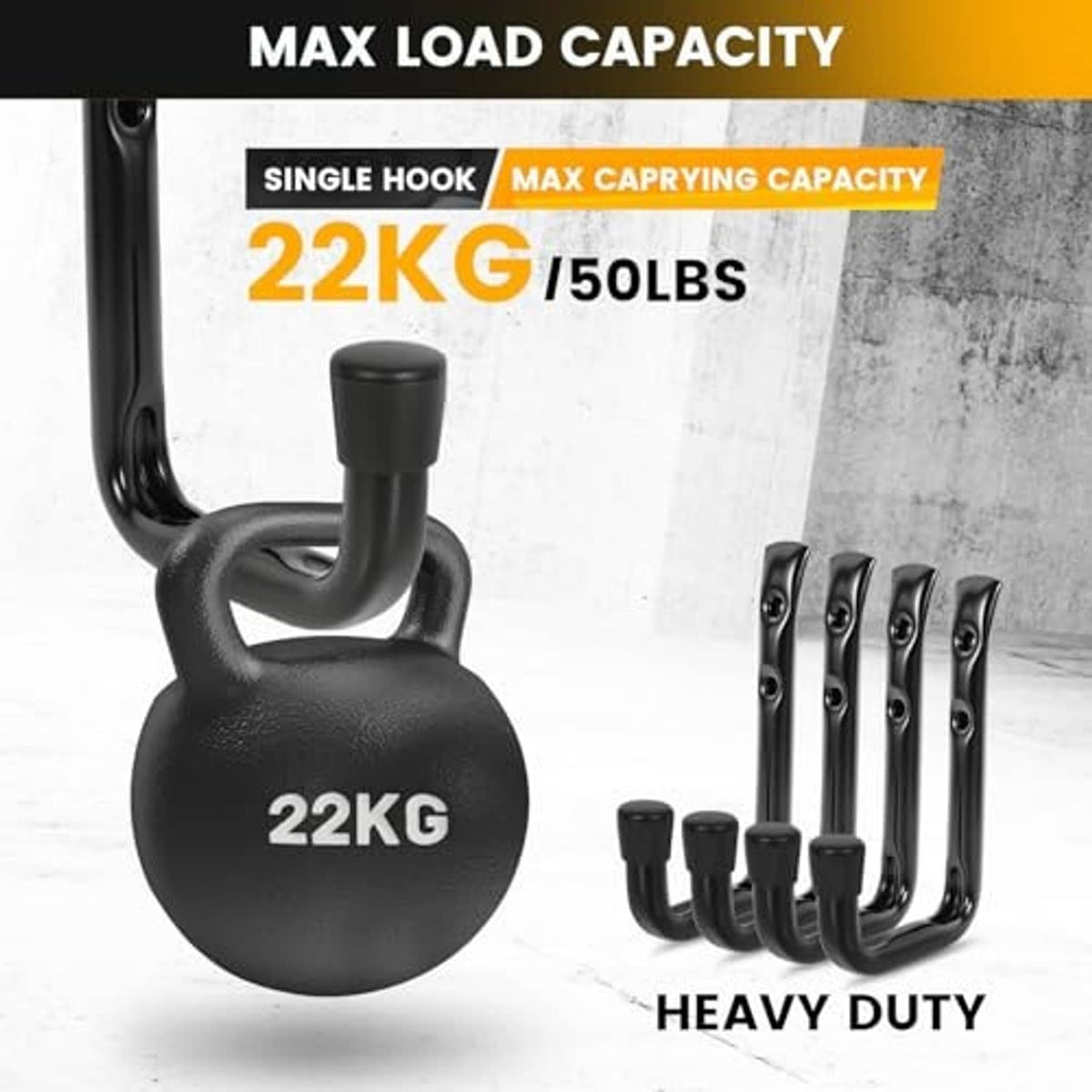 Black heavy-duty J hook rated max 50 lbs, shown with included hardware