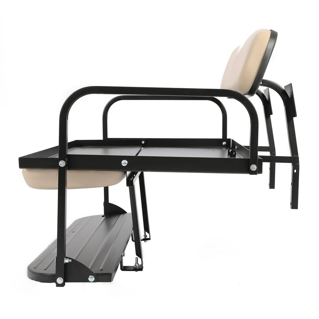Tan folding rear back seat with black guard posts, tan backrest cushion, and footrest steps