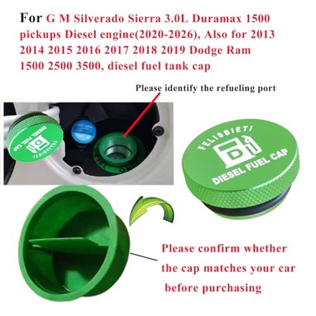 Green diesel fuel cap shown alone with textured grip and dark underside ring