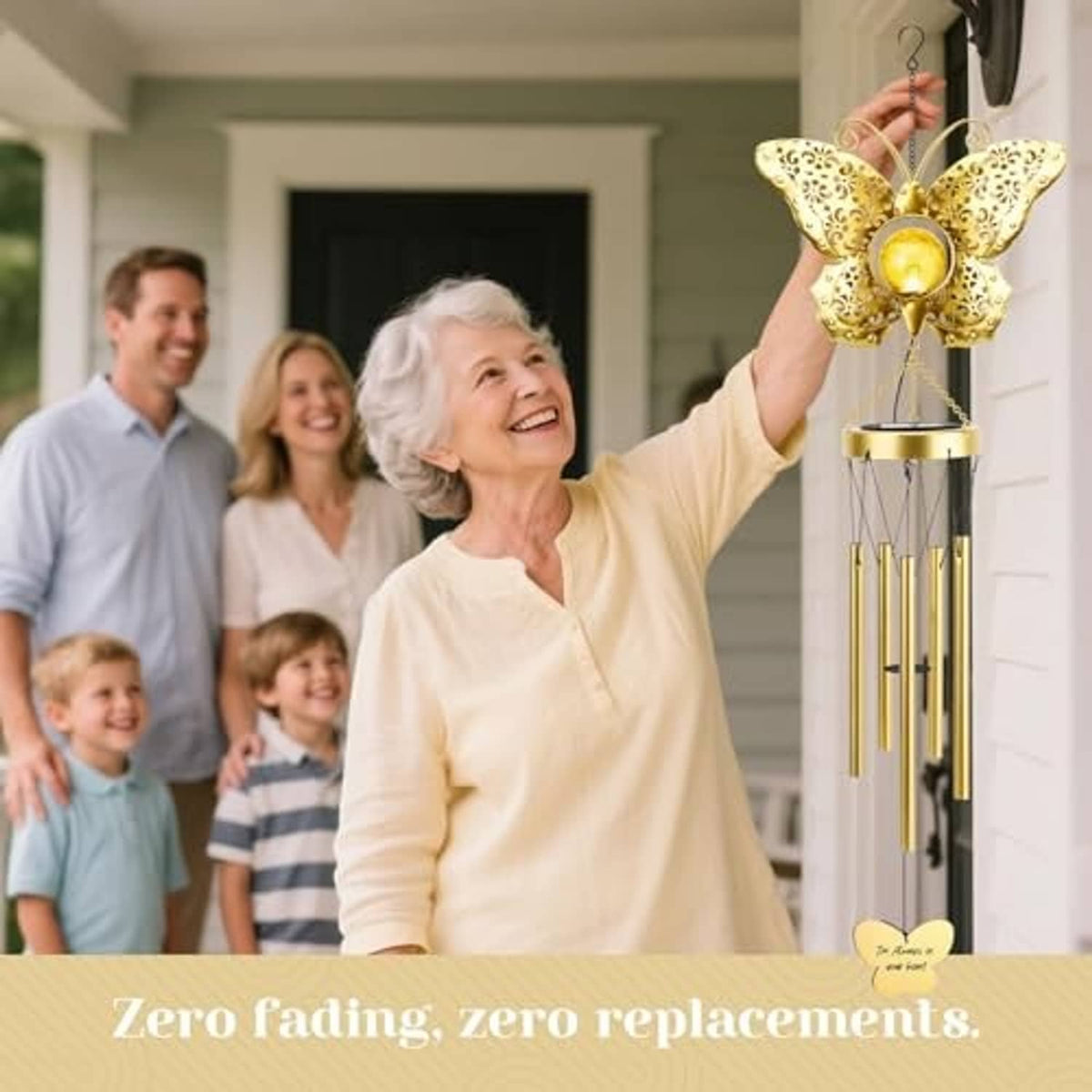 Golden butterfly solar wind chime being held, with glowing glass bulb and hanging tube chimes