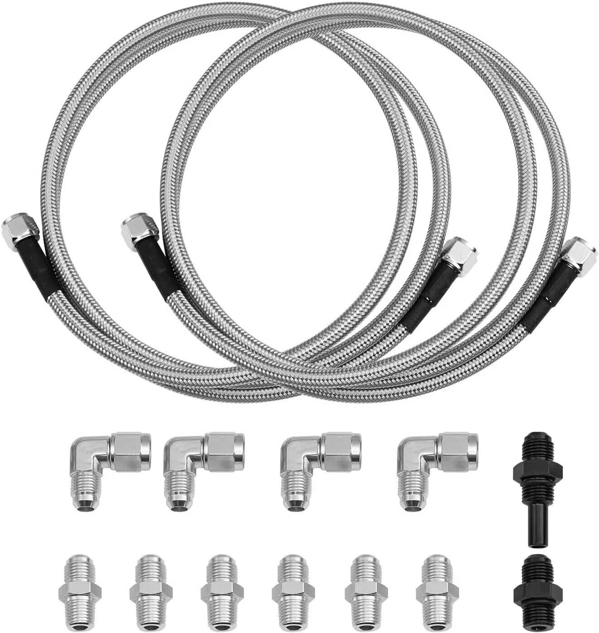 Stainless steel braided transmission cooler lines kit with black connector hoses and fittings