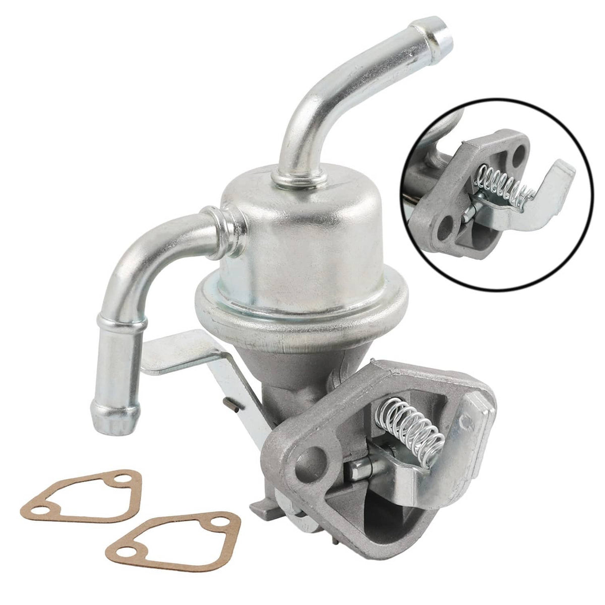 Fuel lift pump with metal body, inlet and outlet pipes, and mounting bracket