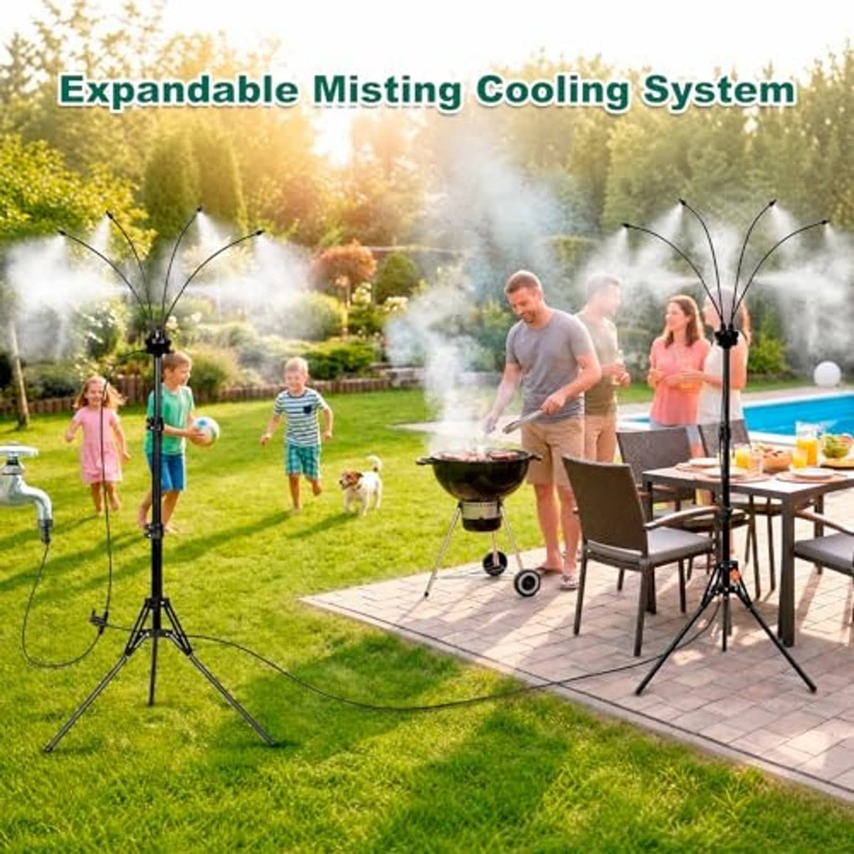 Outdoor patio misting system with tall tripod stand and spray mist over seating area