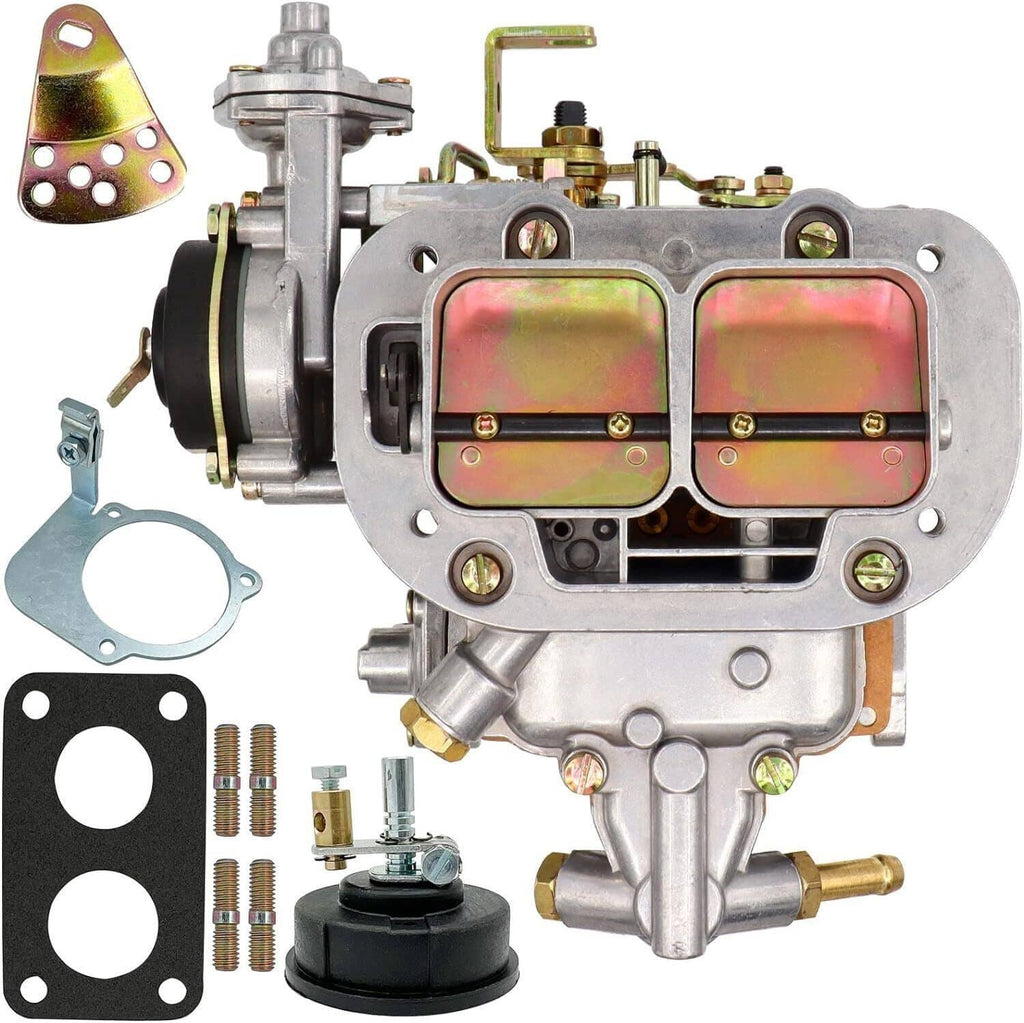 Two-barrel carburetor assembly with twin throttle bores and included mounting gaskets