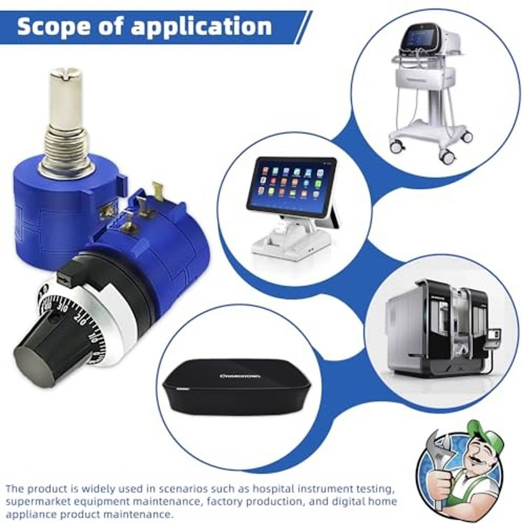 Blue 10-turn potentiometer with metal shaft shown with application-use equipment icons