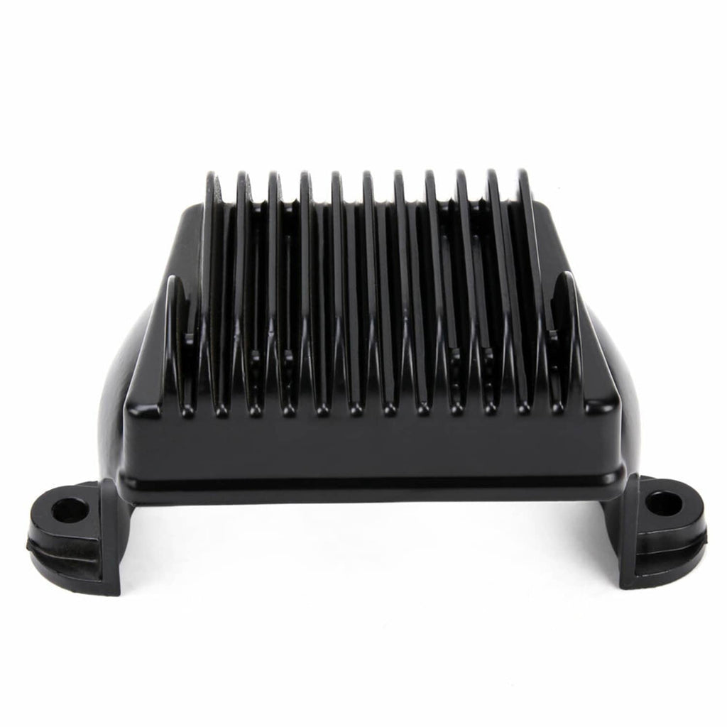 Black voltage regulator rectifier with front cooling fins and two side mounting posts