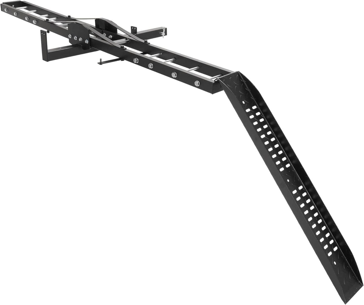 Steel ramp-style motorcycle carrier extension with perforated side rail and mounting bolts