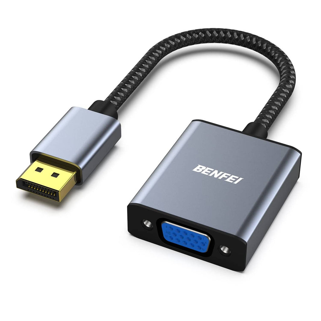 Grey DisplayPort to VGA adapter with braided cable, gold DP connector, blue VGA port