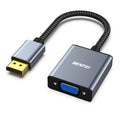 Grey DisplayPort to VGA adapter with braided cable, gold DP connector, blue VGA port