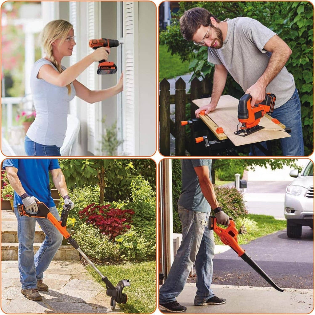 Orange and black 20V outdoor power tools with battery packs attached