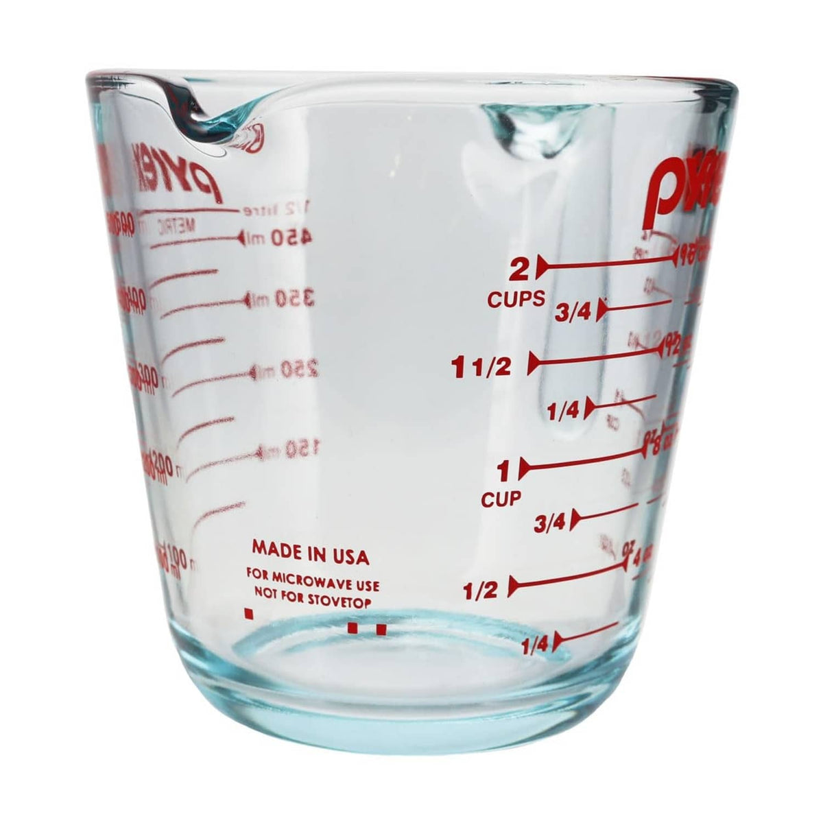 Glass measuring cup with 2-cup markings and handle, transparent blue-tinted glass