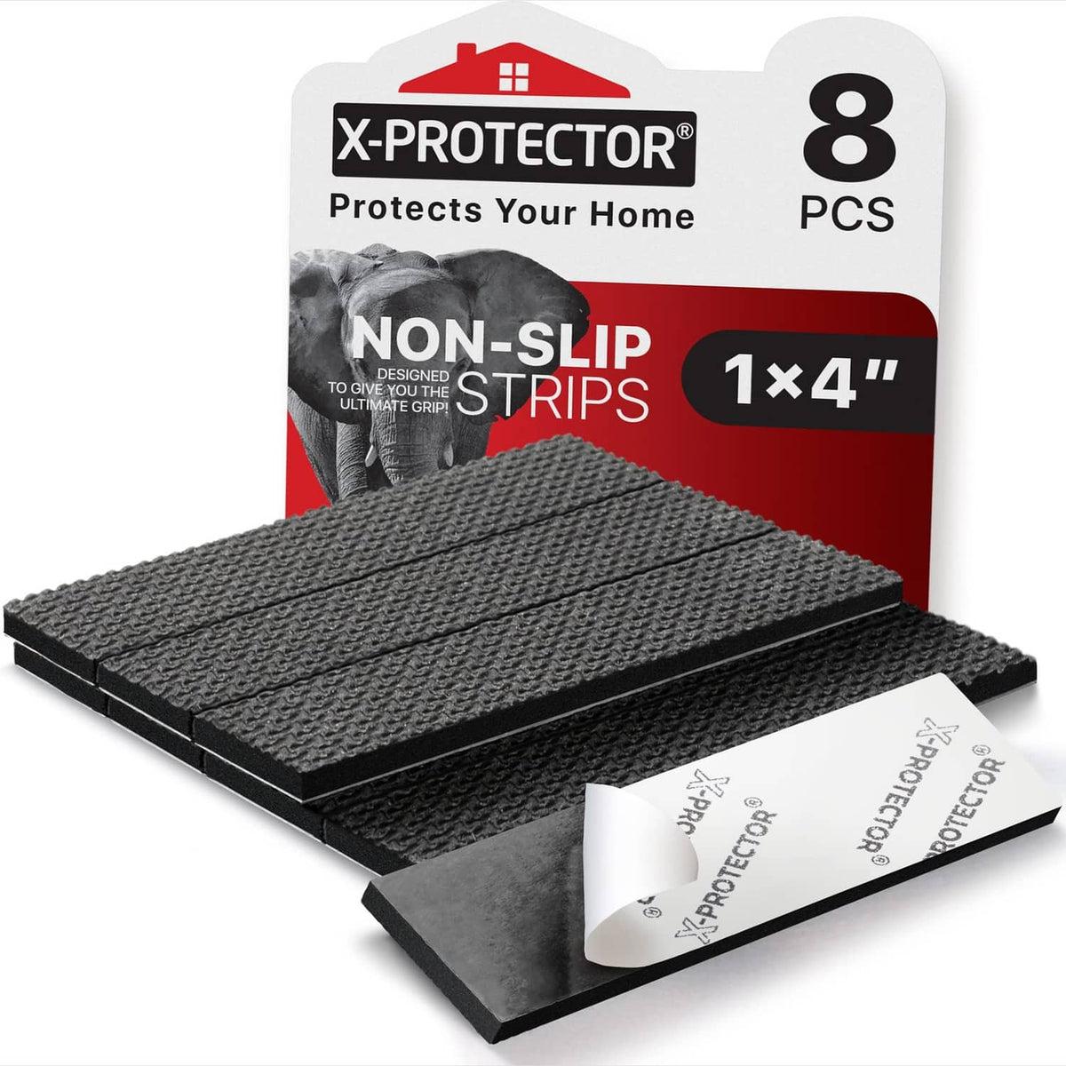 Boxed set of 8 black non-slip rubber strip pads, 1 x 4 in, with adhesive