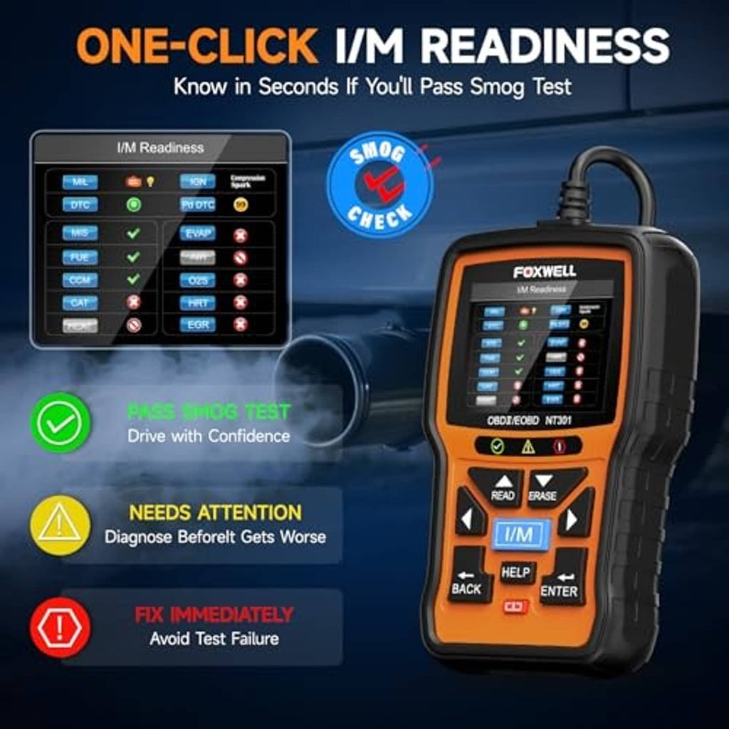 Orange handheld OBD2 scanner displaying readiness list on screen, buttons and cable shown