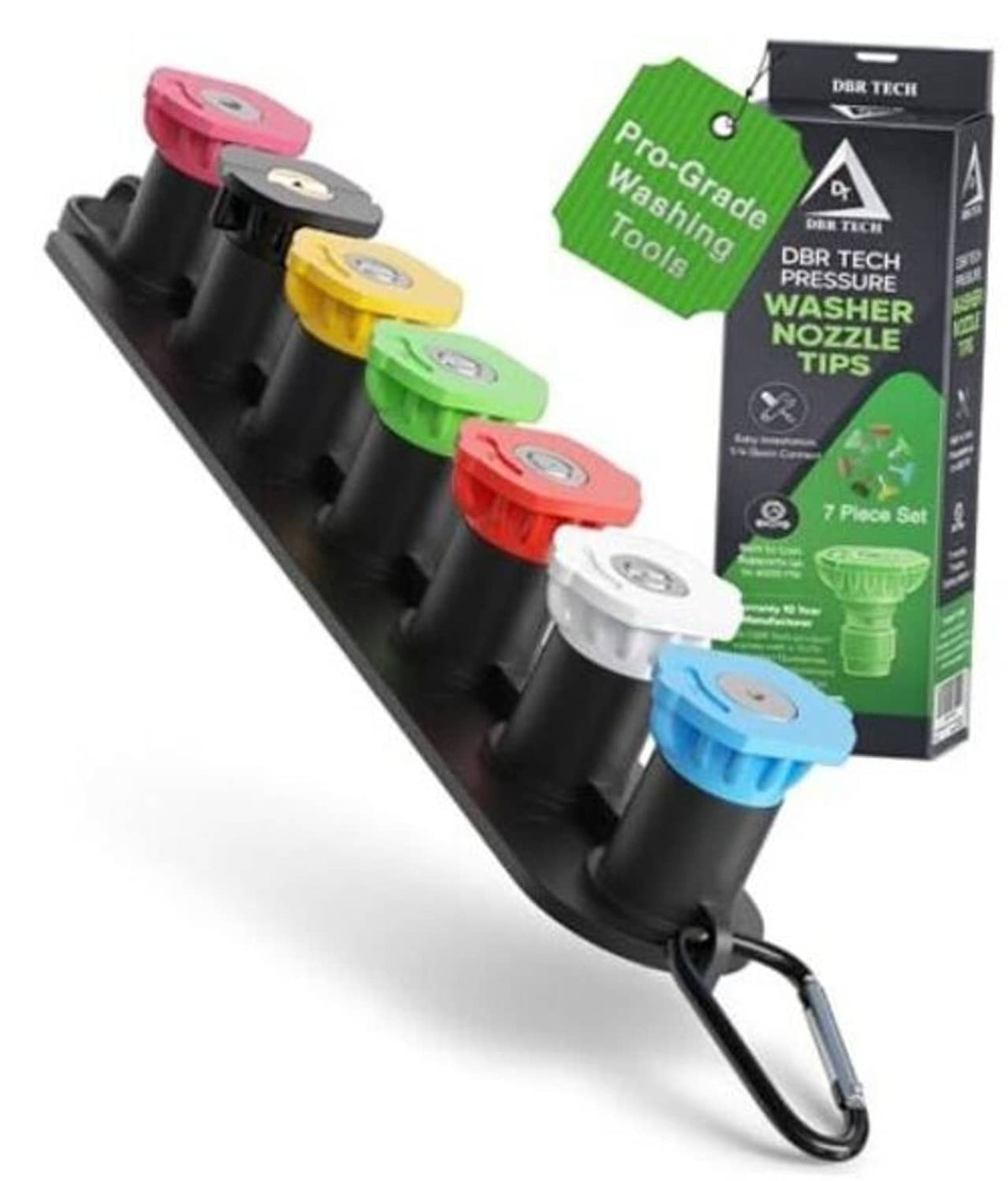 Pressure washer nozzle tip set with seven colored QC tips on a black holder