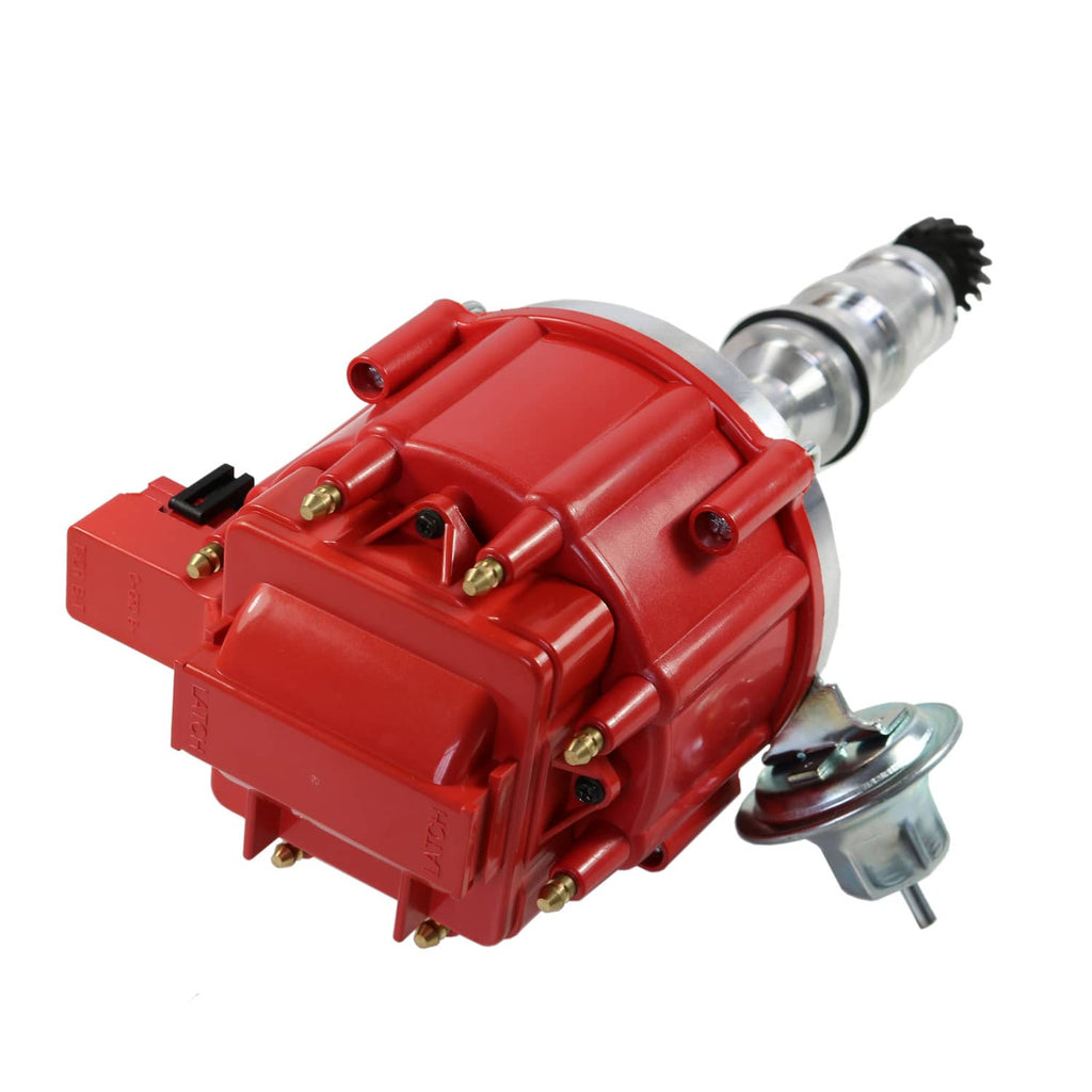 Red ignition distributor with chrome drive shaft, vacuum cap, and side mounting bracket