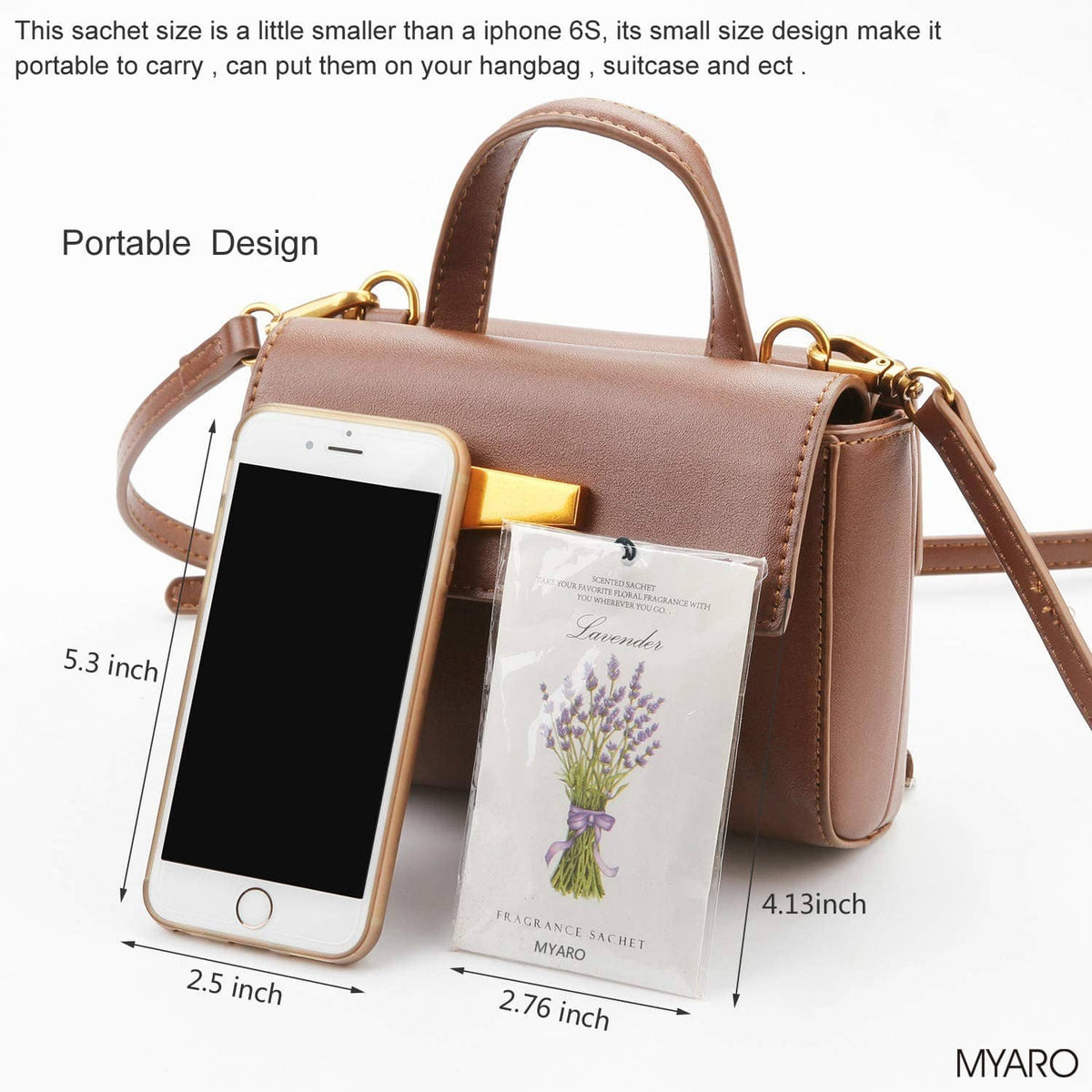 Portable lavender fragrance sachet bag next to a small phone in a crossbody pouch