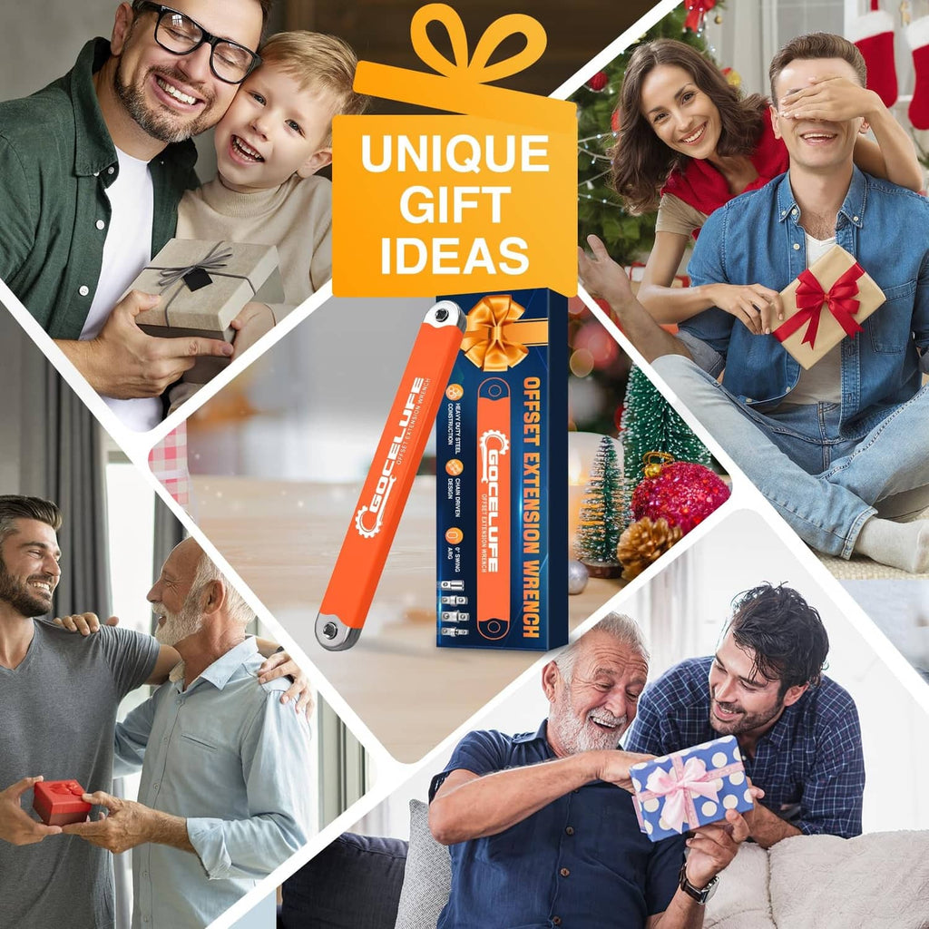 Orange offset extension wrench gift set with wrench and blue package, shown in collage.