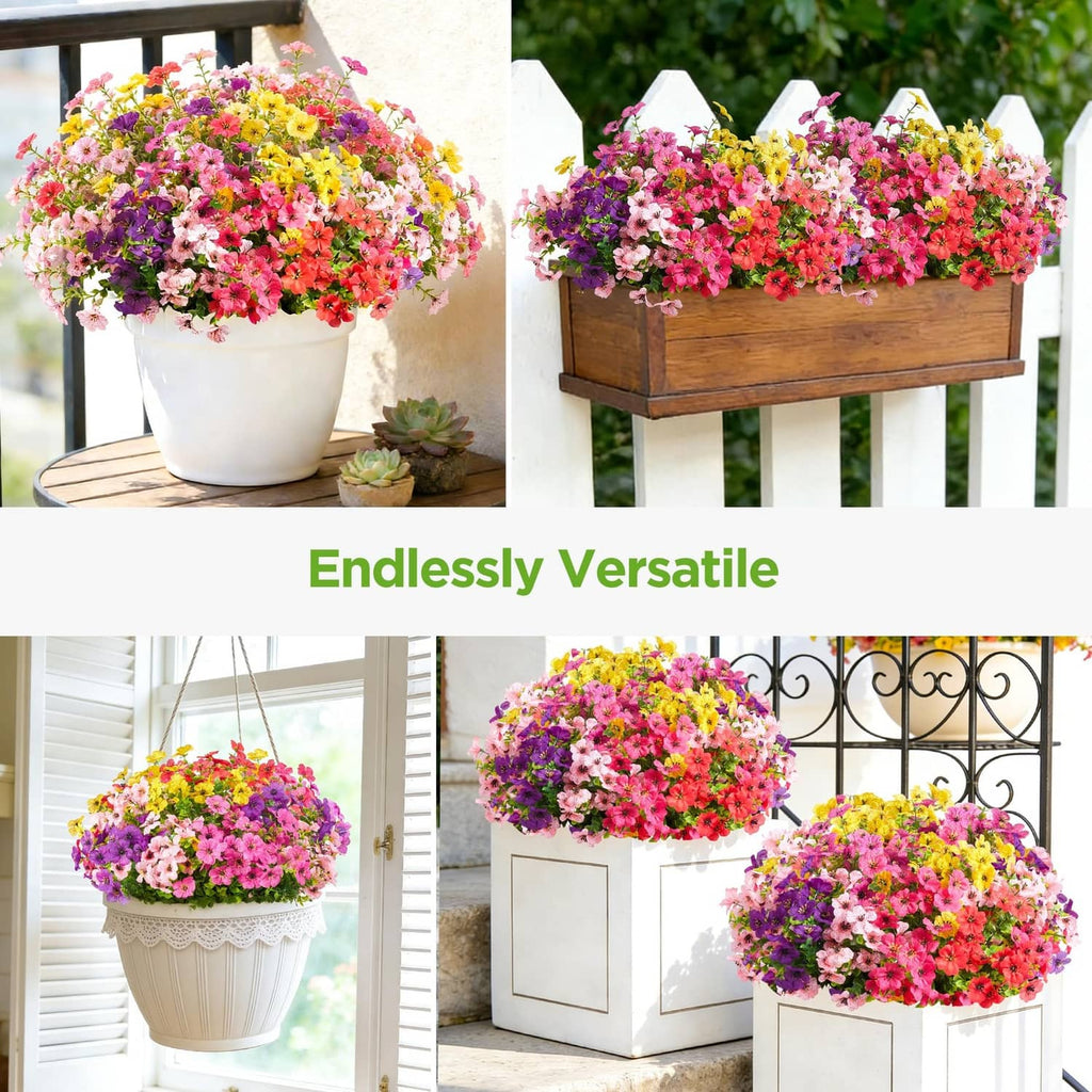 Colorful artificial flower bunches in white hanging and countertop pots