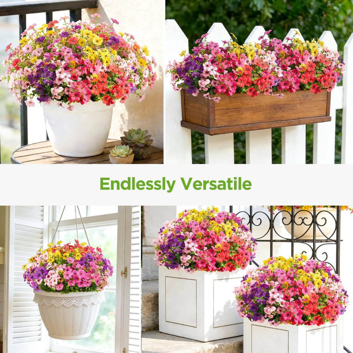 Colorful artificial flower bunches in white hanging and countertop pots