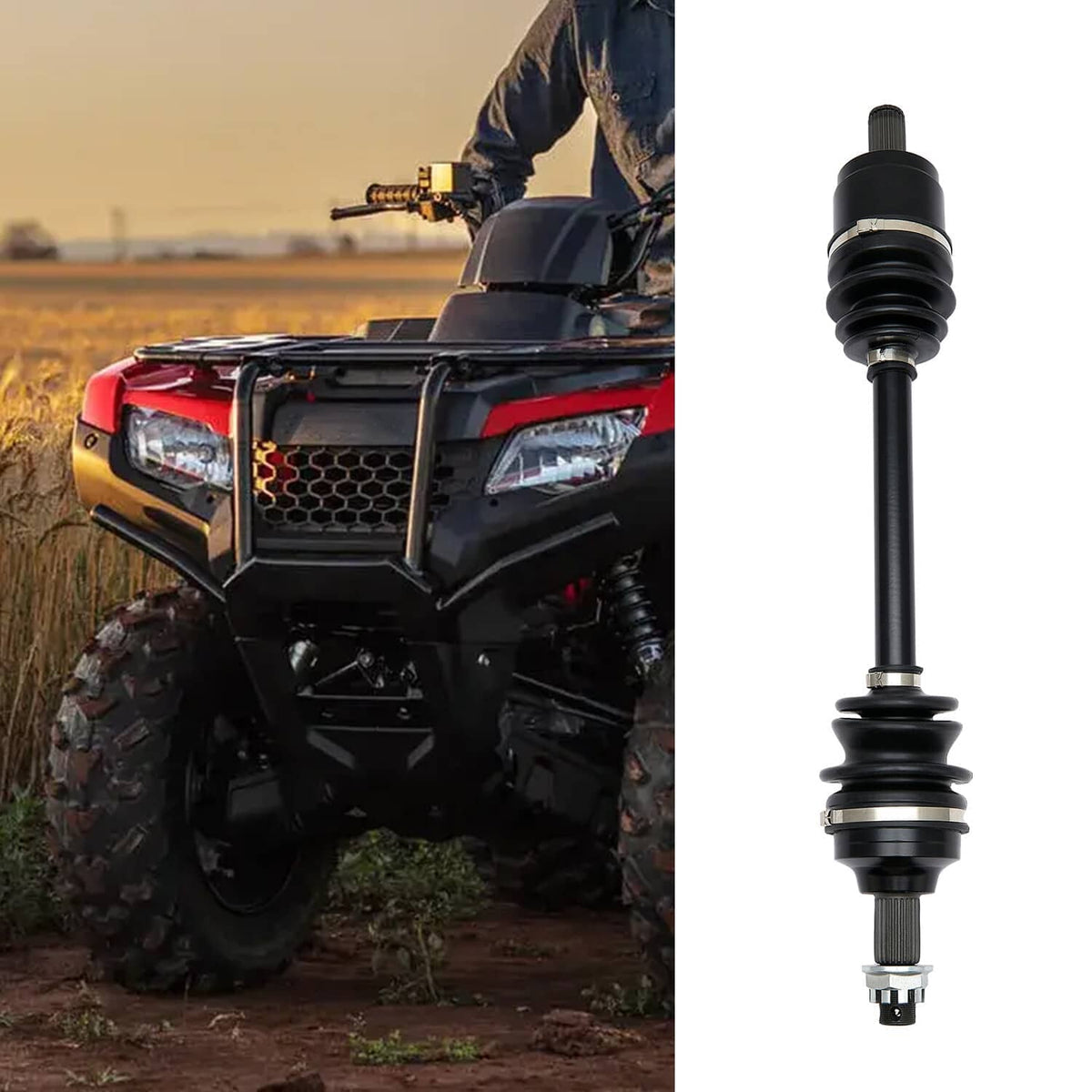 Rear CV axle drive shaft with black boots and metal joint end