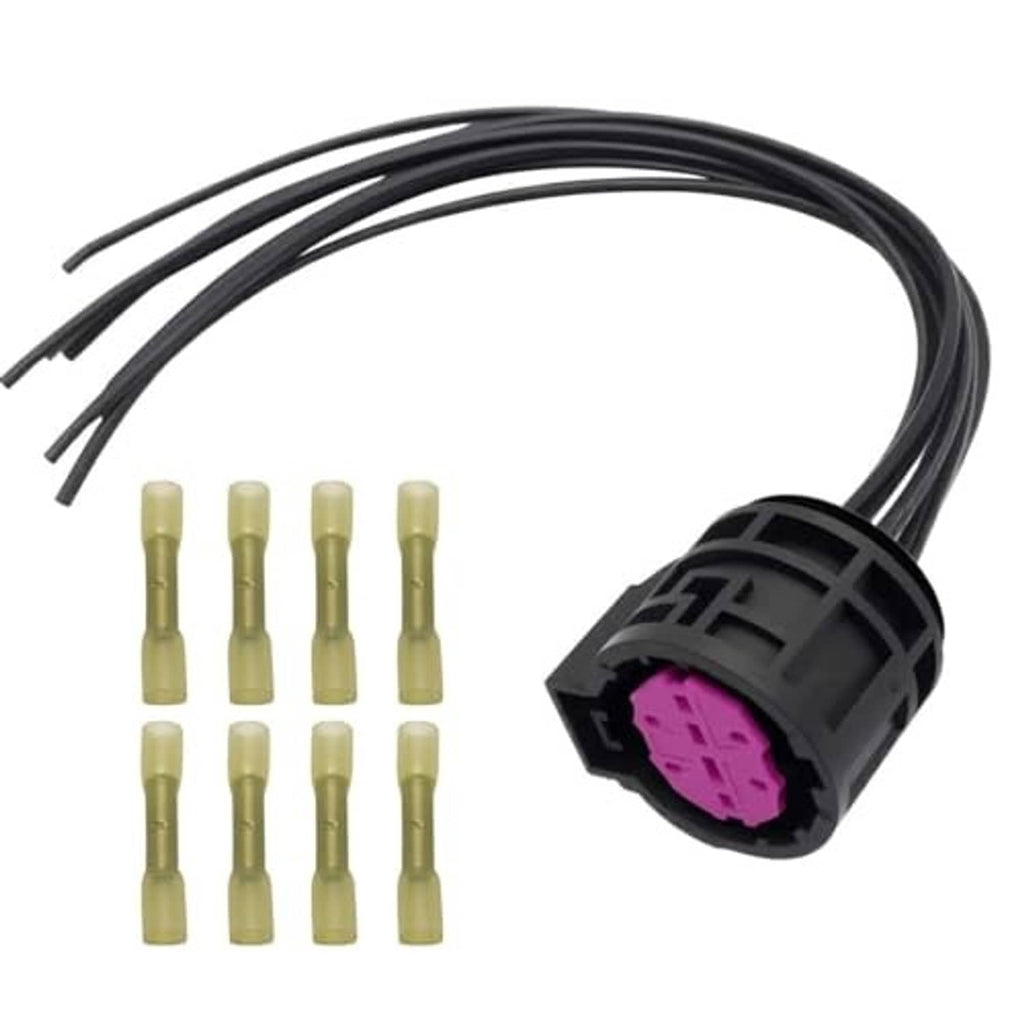 Headlight wiring pigtail harness plug with black body, purple connector, and bundled black wires
