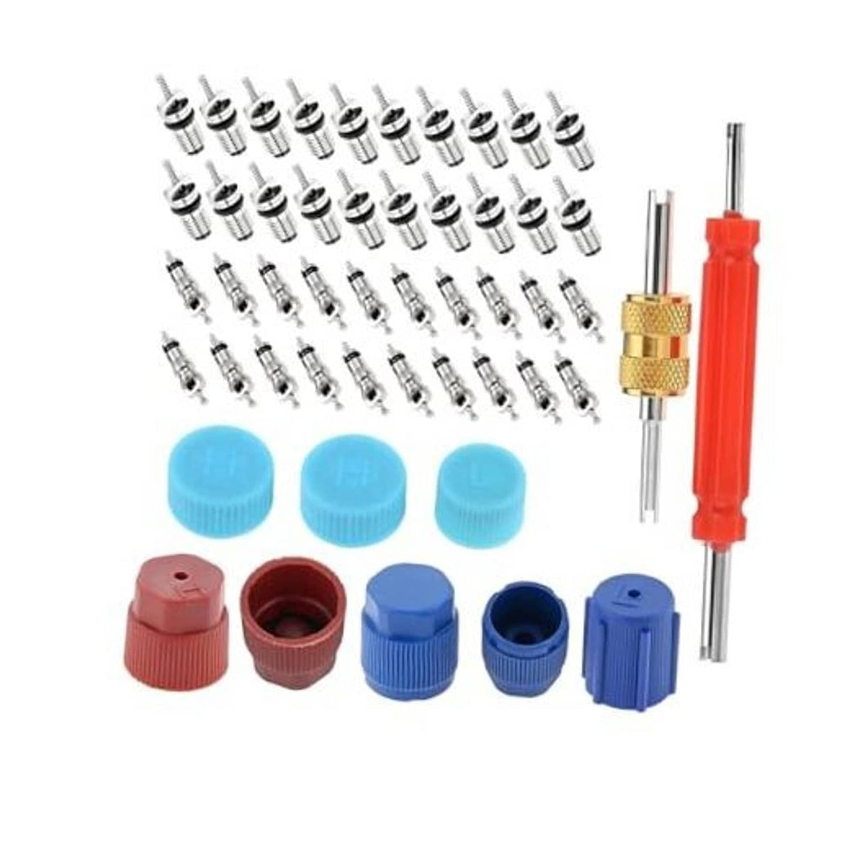 AC valve core kit: chrome valve cores, blue/red caps, and brass tool