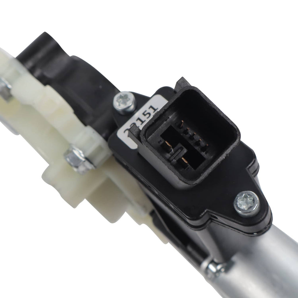 Window motor/regulator electrical connector on metal mounting rail, close-up