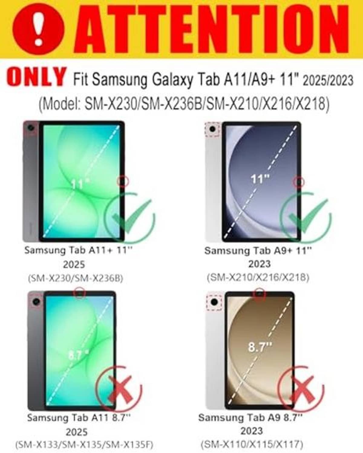 Compatibility chart for Galaxy Tab A11 and A9 Plus 11-inch keyboard case; model diagrams shown