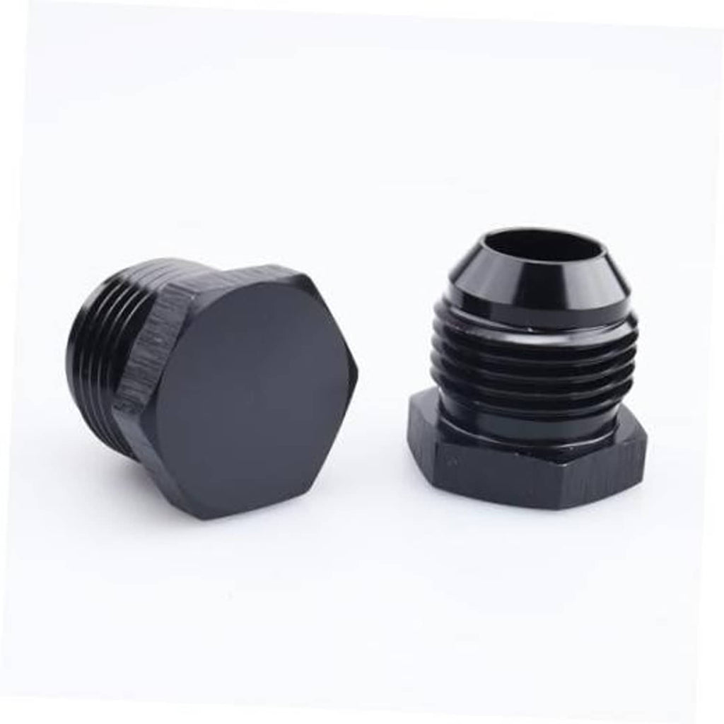 Black AN male flare blanking plug connectors pair with hex cap ends and smooth flared top