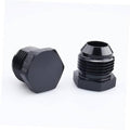 Black AN male flare blanking plug connectors pair with hex cap ends and smooth flared top