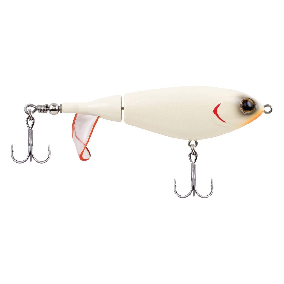 Cream topwater fishing lure with red accents, 2 treble hooks, and spinner tail hardware