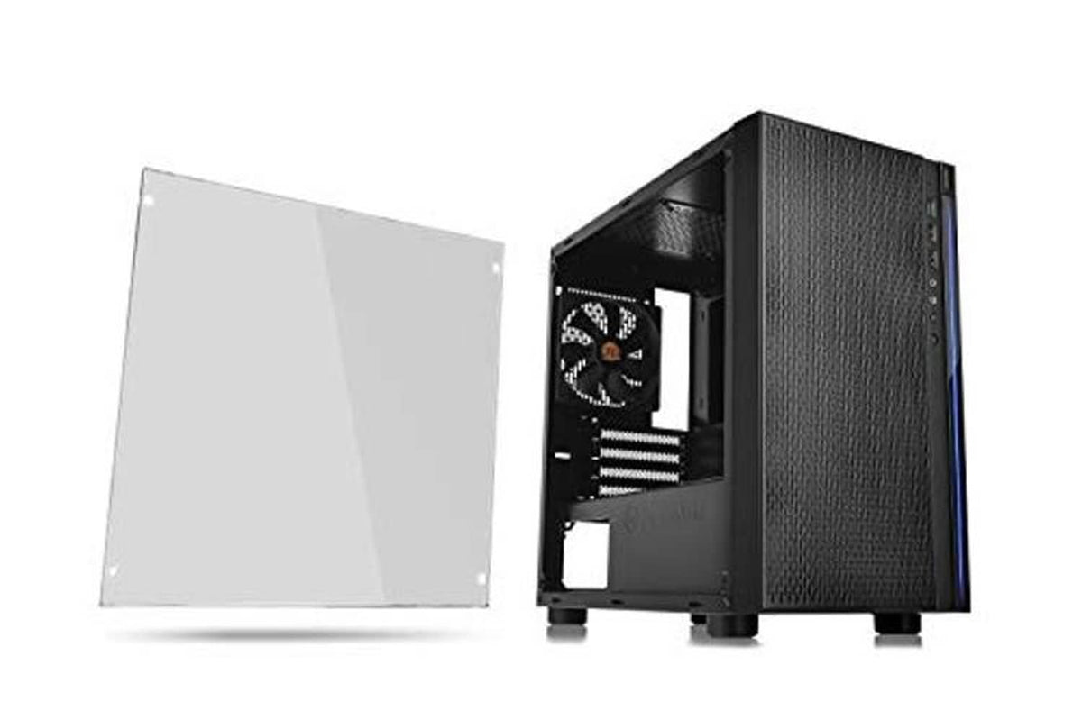 Black micro ATX computer case with tempered glass panel shown detached