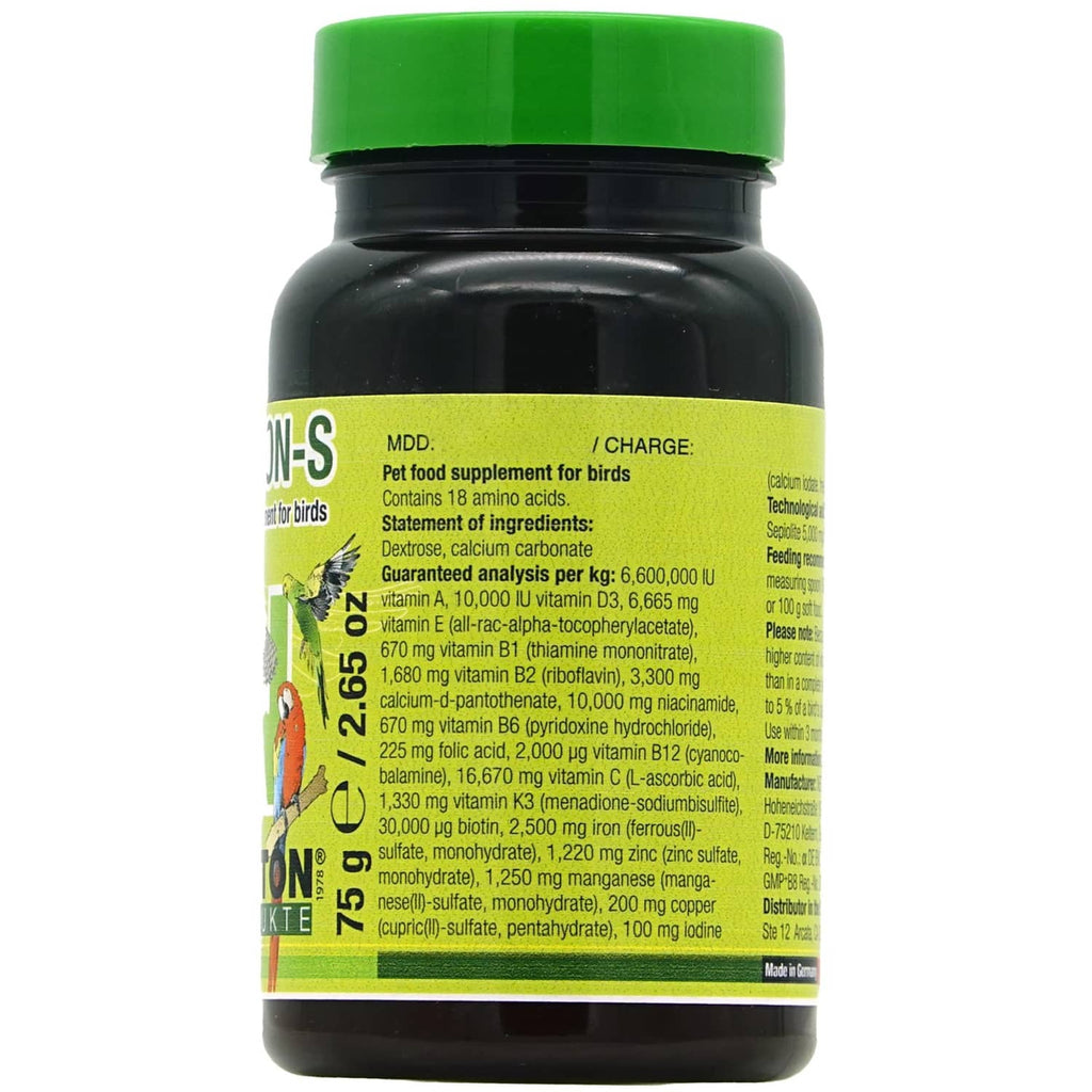 NEKTON-S bird multivitamin supplement bottle back label with nutrition info