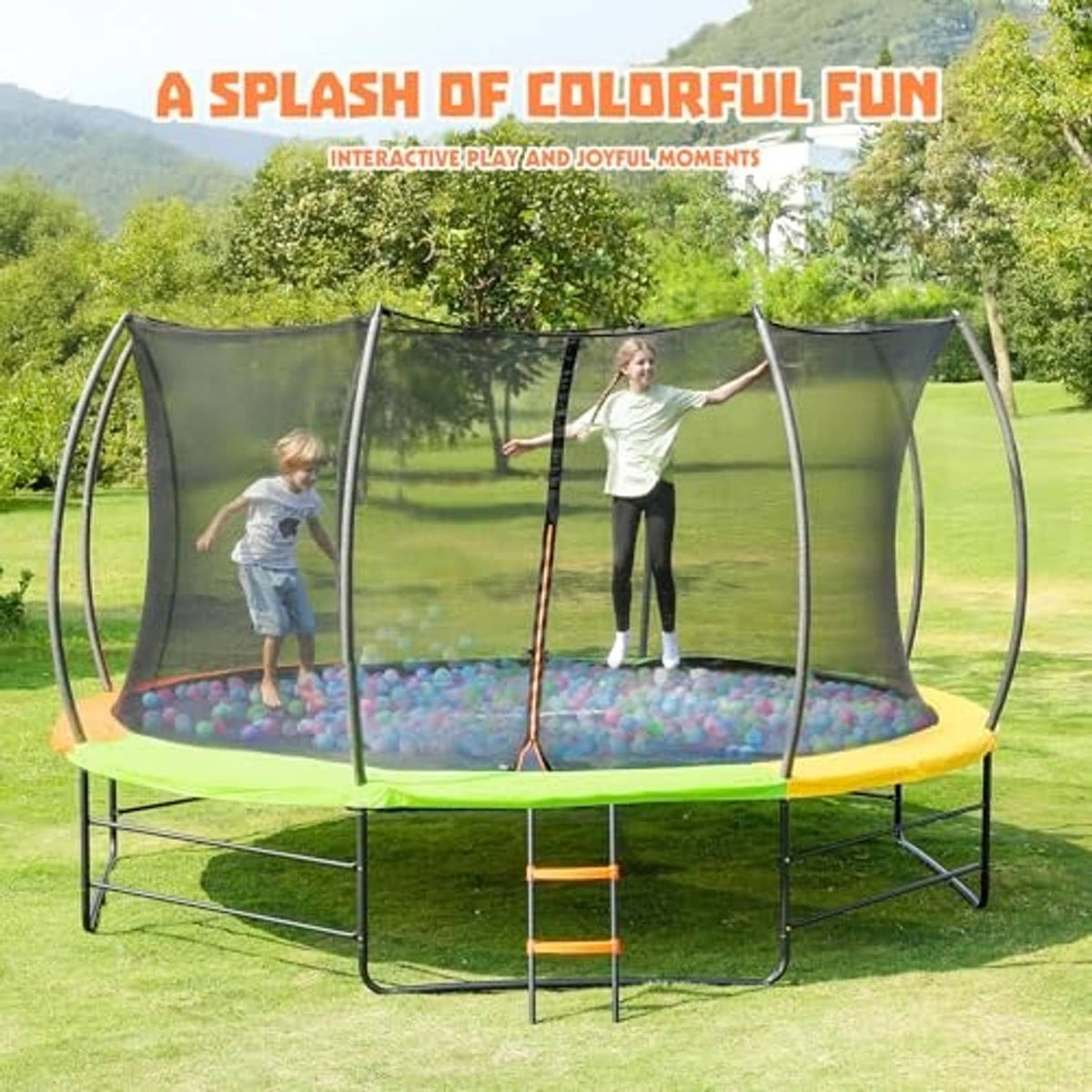 Outdoor trampoline with safety net enclosure and green padded base, kids playing on mat