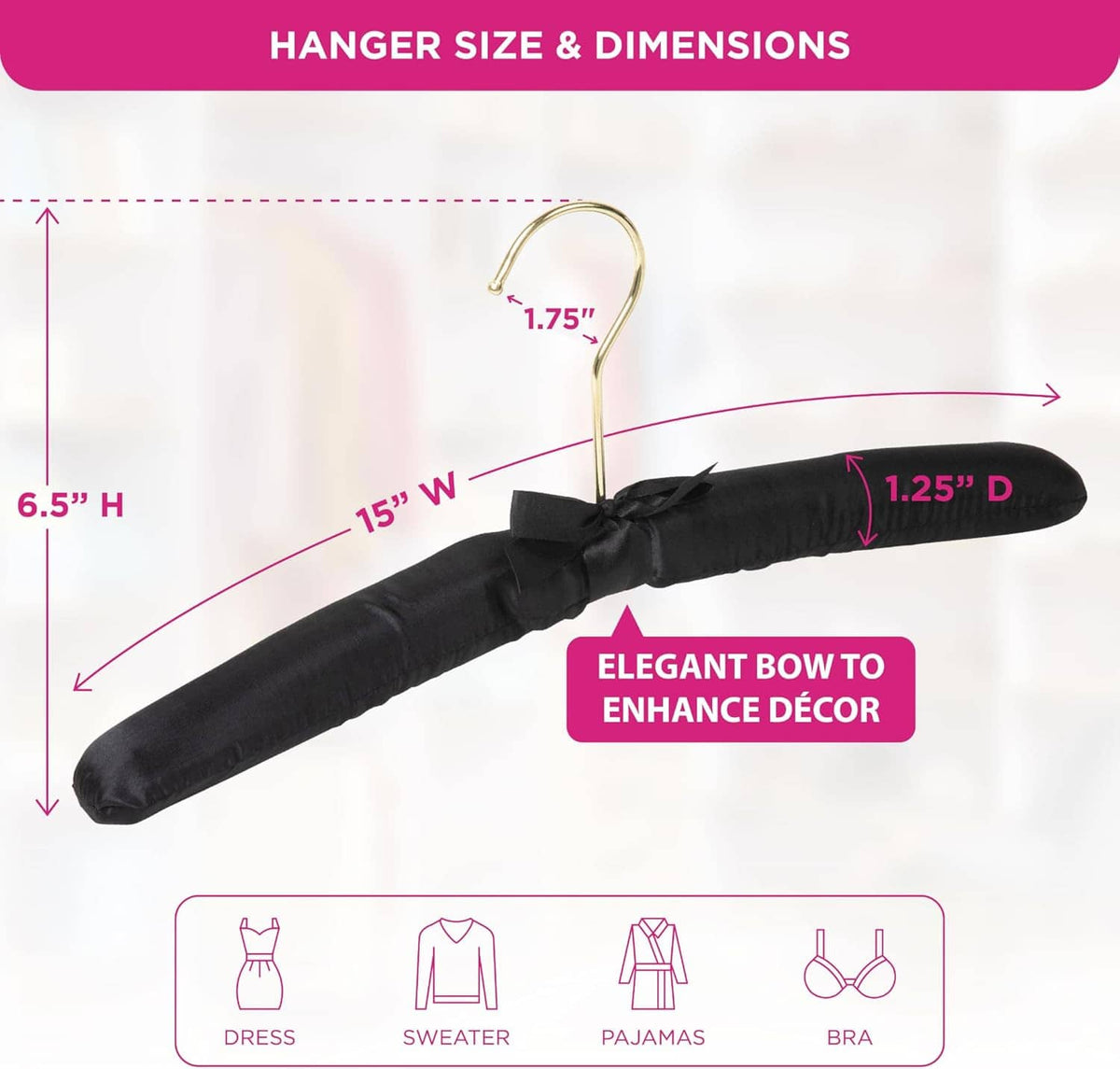 Black fabric padded hanger with satin bow and gold hook; size dimensions shown