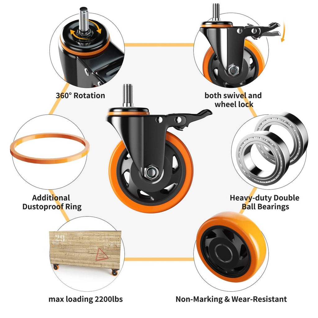 4-inch threaded stem caster wheel with orange wheel, swivel rotation, wheel-lock and dust seal