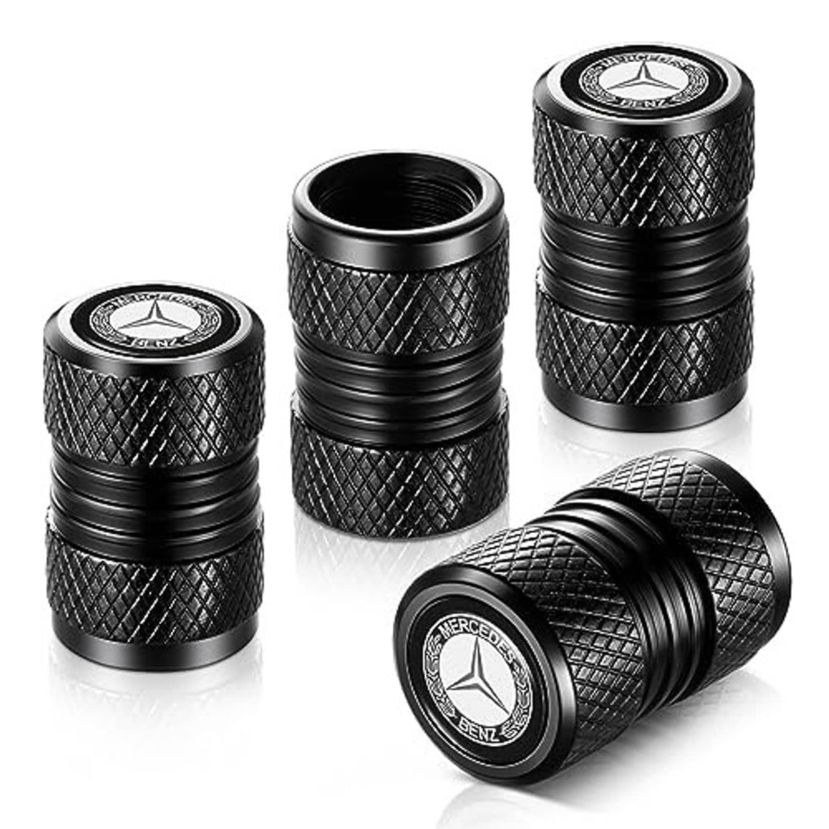 Black valve stem caps with diamond texture and ribbed body; Mercedes-Benz star emblem