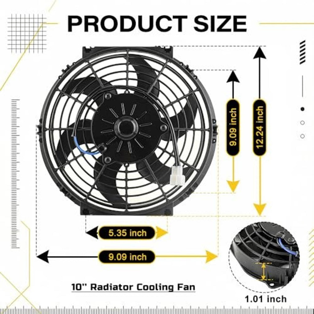 Radiator cooling fan with black grille and measurement lines on a 10-inch size graphic