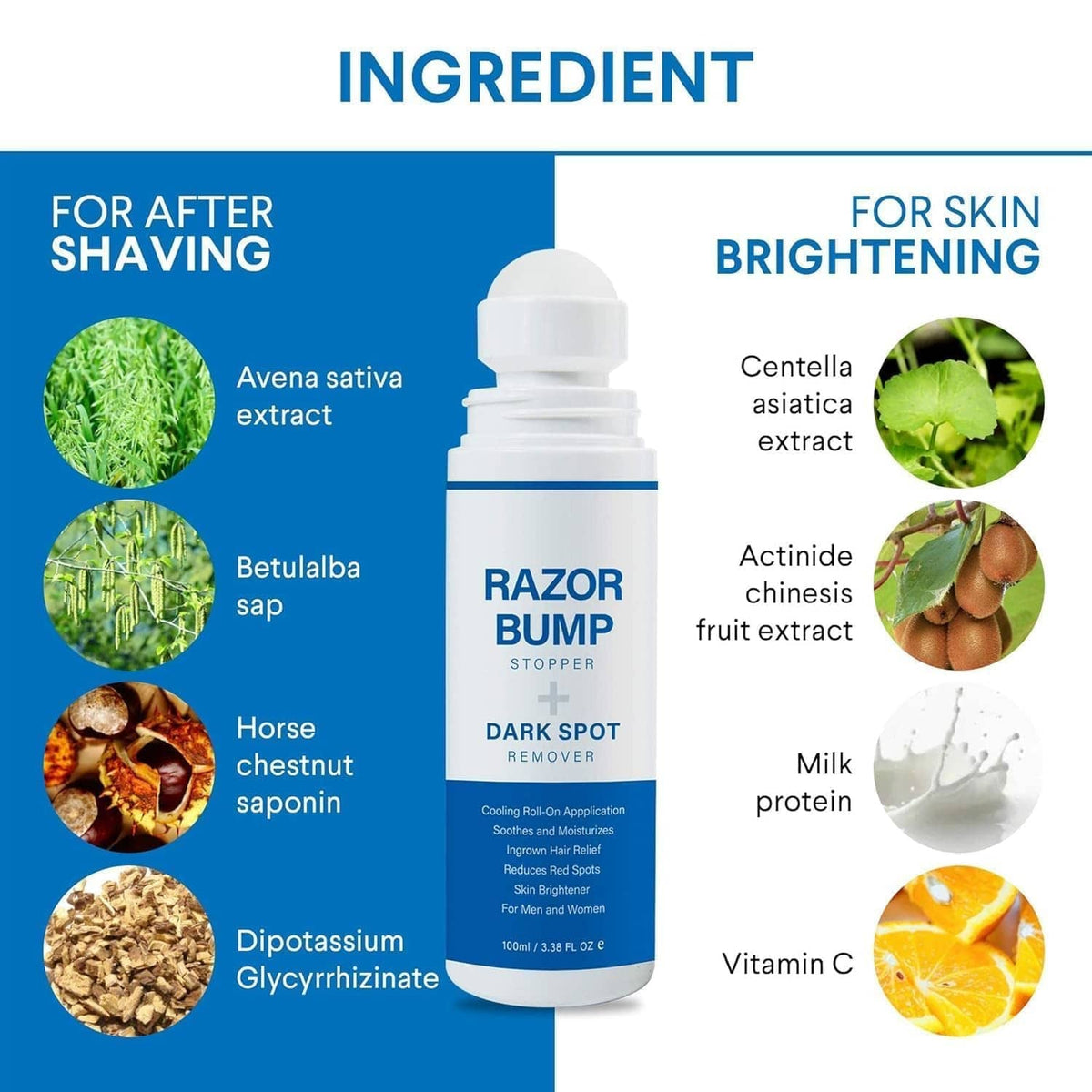 Dark spot remover bottle with ingredient icons and botanical circles