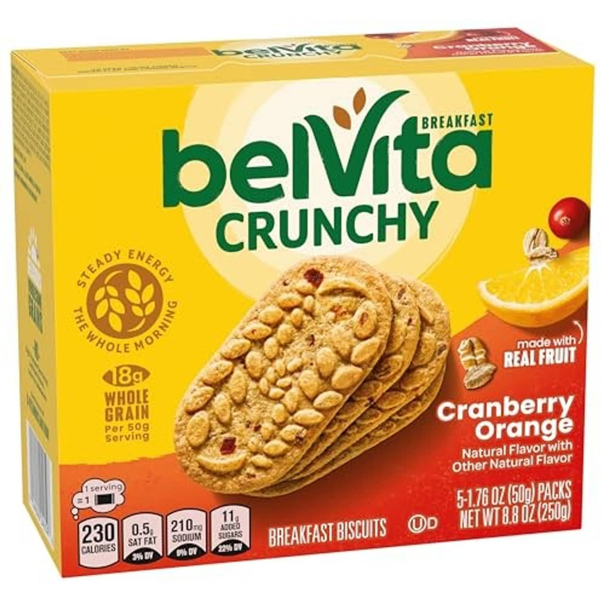 BelVita Crunchy Cranberry Orange breakfast biscuits box, yellow package with biscuits