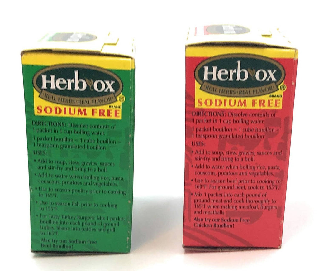 Sodium-free bouillon boxes side panels with Herb-Ox and directions for chicken and beef
