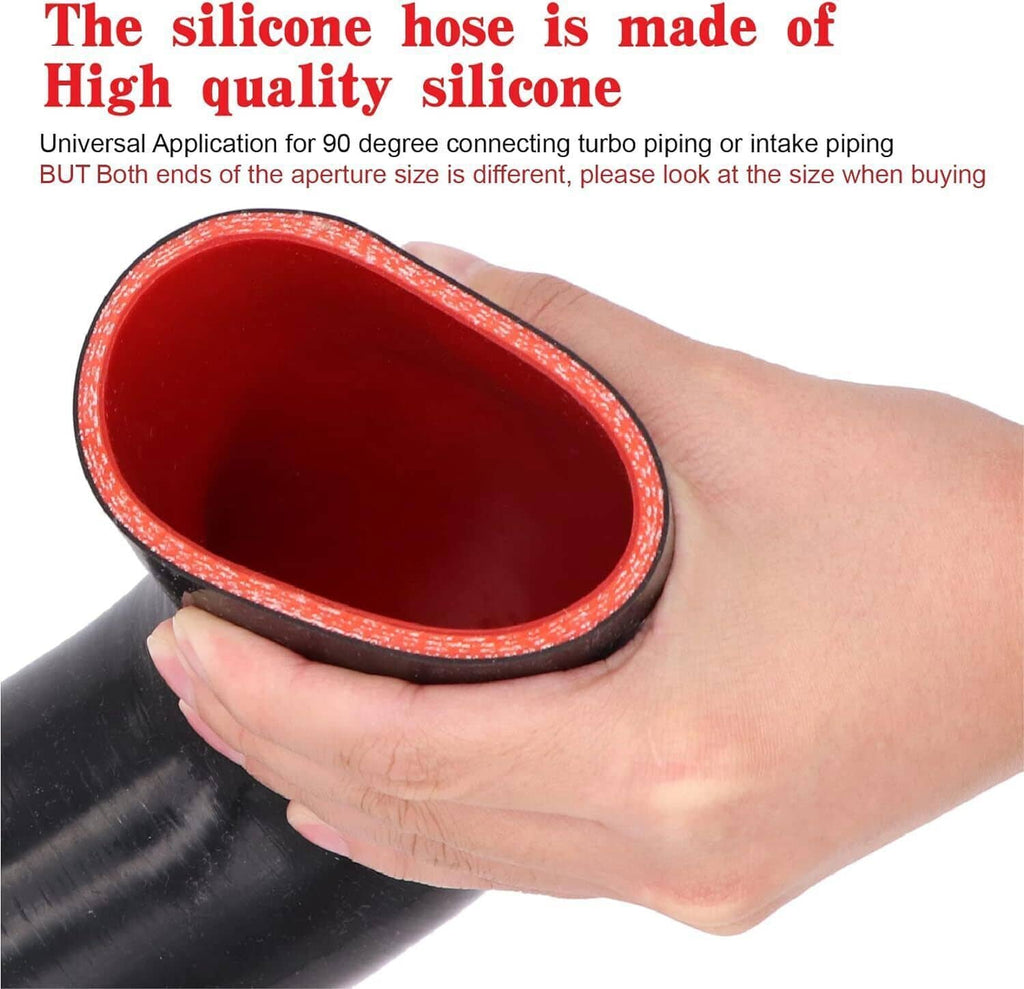 Black silicone hose elbow with red inner lining, shown close-up held by hand
