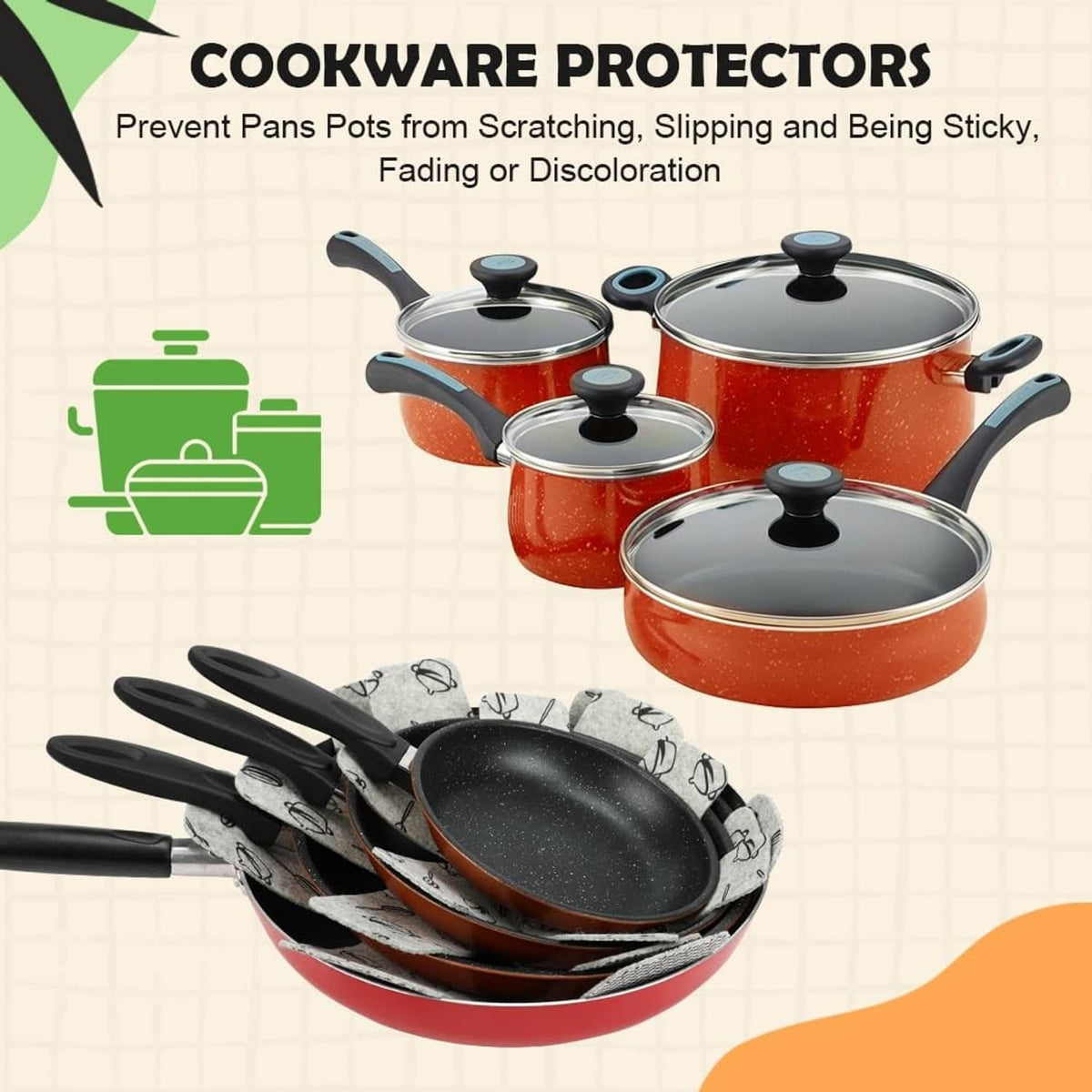 Gray utensil-pattern cookware protectors pads between stacked pots and pans