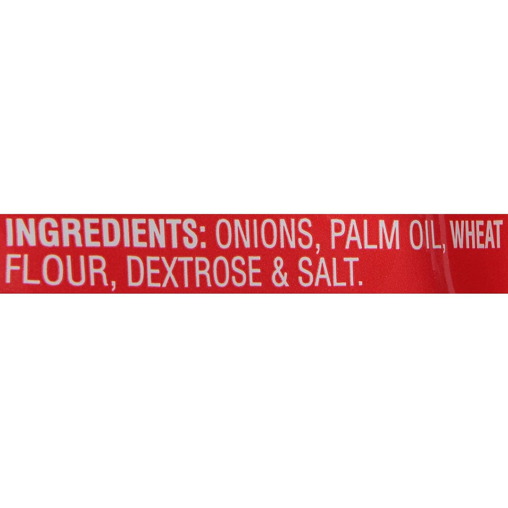 Ingredients list on French's Crispy Fried Onions pouch: onions, palm oil, wheat flour