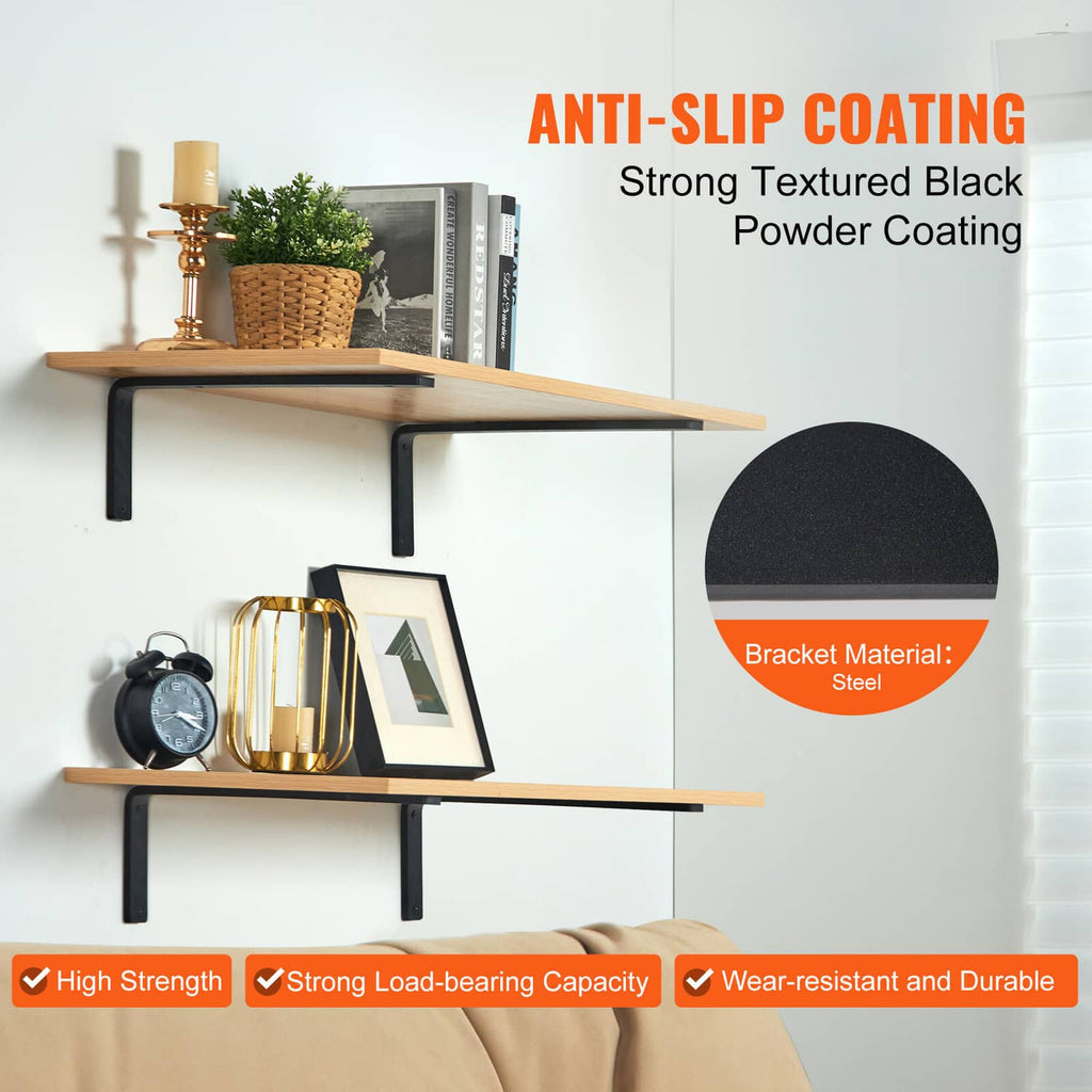 Black steel L-shaped anti-slip coated shelf brackets with mounting holes