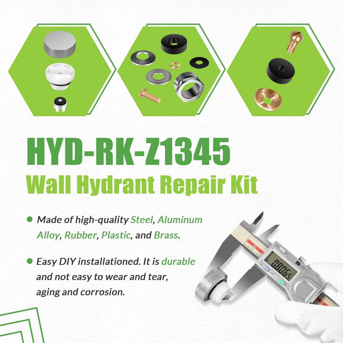 HYD-RK-Z1345 wall hydrant repair kit with steel, rubber, plastic, and brass parts